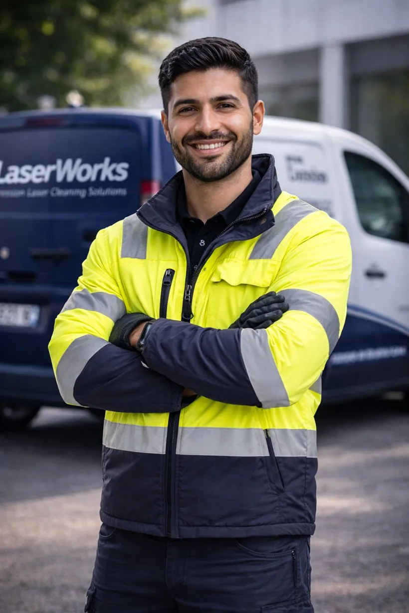 Technician in a high-visibility jacket beside a laser cleaning service van
